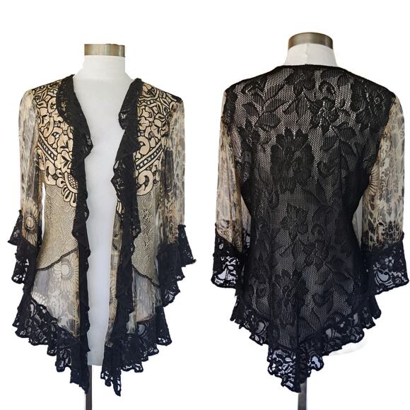 SPENCER ALEXIS Black Lace Gold Silk Jacket Kimono Cardi Medium Whimsigoth - Picture 1 of 10